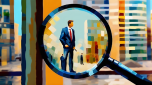 Magnifying glass zooming in on a business person