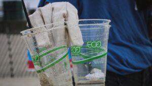 person holding two clear plastic disposable cups