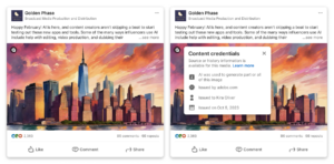 Two social media posts feature stylized cityscapes with prominent skyscrapers at sunset. The second image includes a popup that reveals content credentials details, highlighting the use of AI tools. Perfect for sharing on LinkedIn to showcase cutting-edge creativity and technology.