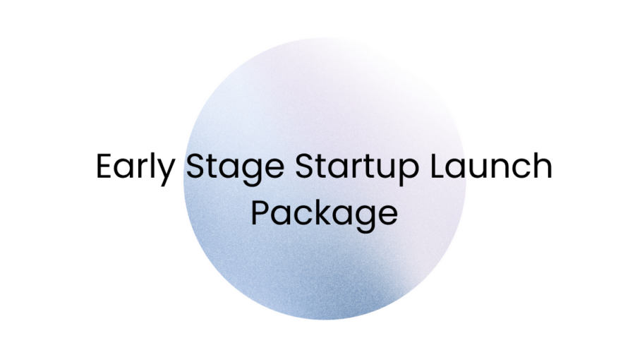 Text: "Early Stage Startup Launch Package" overlaid on a gradient circle background transitioning from light blue to light purple, perfect for new startups looking to make a splash.