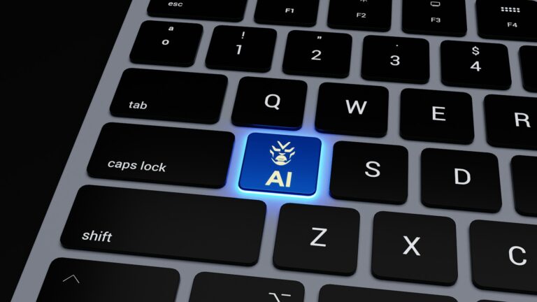 A keyboard with a highlighted blue key labeled "AI" and an icon next to the "Q" key, perfect for accessing avatar services quickly and efficiently. AI