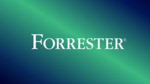 Forrester logo displayed in white text on a blue and green gradient background, highlighting its recognition among fastest-growing agencies like Lesniak Swann and leading UK agencies.
