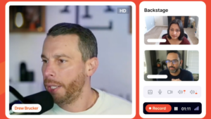 A man speaks into a microphone during a LinkedIn video call, while two other people appear in a "Backstage" panel on the right side of the screen, highlighting potential ad placements for Wire video ads.