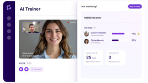 A video call interface shows two people; the screen displays interaction stats like talk ratio and question rate, powered by AI agents to provide deeper insights into revenue impact.