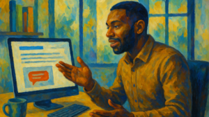 A man sits at a desk, gesturing while speaking during a video call, as he works to engage B2B buyers. A computer monitor, mug, and window are visible in the background.