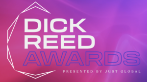 Logo for the Dick Reed Awards, presented by Just Global, on a pink and purple gradient background with geometric accents.