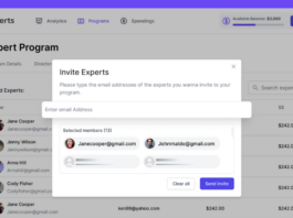 A pop-up window titled "Invite Experts" appears over an expert program dashboard, prompting the user to enter email addresses and showing two selected members for invitation.