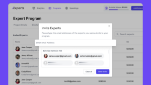 A pop-up window titled "Invite Experts" appears over an expert program dashboard, prompting the user to enter email addresses and showing two selected members for invitation.