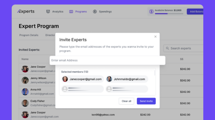 A pop-up window titled "Invite Experts" appears over an expert program dashboard, prompting the user to enter email addresses and showing two selected members for invitation.