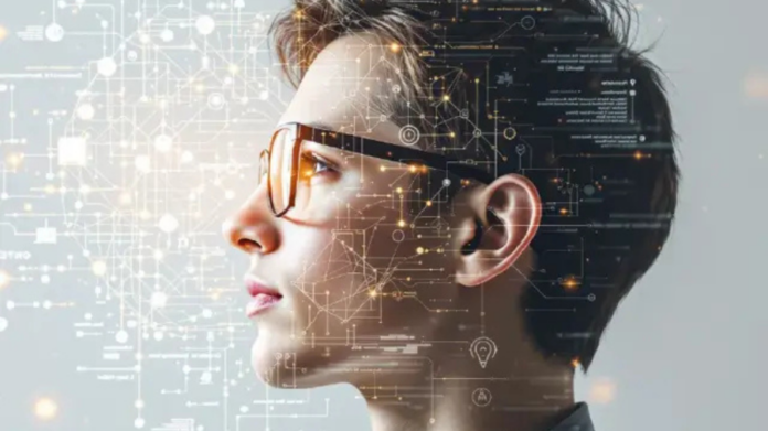A person wearing glasses stands in profile, enveloped in a digital, network-like overlay of data and connections, symbolizing the cutting-edge technology behind Xactly's AI-powered intelligence platform.
