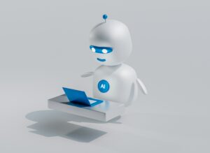 A white robot with blue accents labeled 