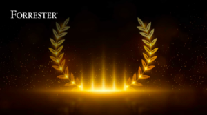 A glowing golden laurel wreath sits on a dark background with the Forrester logo in the upper left corner, celebrating the 2025 B2B Awards.