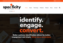 Specificity website homepage, featuring the tagline "identify. engage. convert." with a highlighted message about better audience identification driving more conversions.