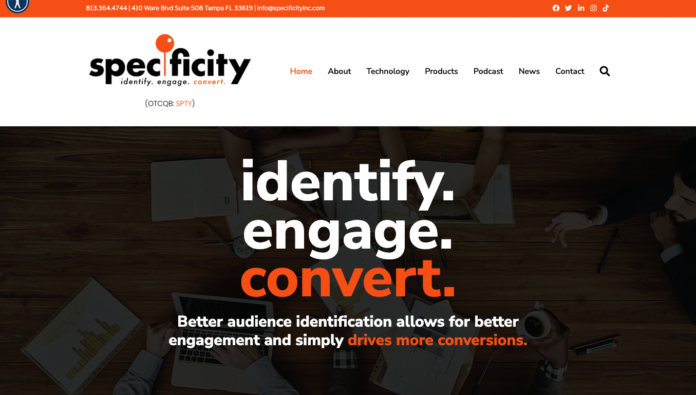 Specificity website homepage, featuring the tagline "identify. engage. convert." with a highlighted message about better audience identification driving more conversions.