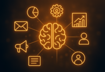 Illustration of a brain at the center, symbolizing AI in marketing, with icons for data, email, gear, analytics, people, megaphone, and documents connected around it in orange on a dark background.