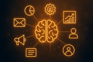 Illustration of a brain at the center, symbolizing AI in marketing, with icons for data, email, gear, analytics, people, megaphone, and documents connected around it in orange on a dark background.