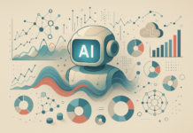 An AI-powered MarTech robot surrounded by graphs, charts, and data visualizations, representing how B2B marketers in 2025 leverage artificial intelligence for advanced data analysis.