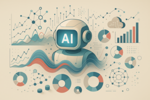 An AI-powered MarTech robot surrounded by graphs, charts, and data visualizations, representing how B2B marketers in 2025 leverage artificial intelligence for advanced data analysis.
