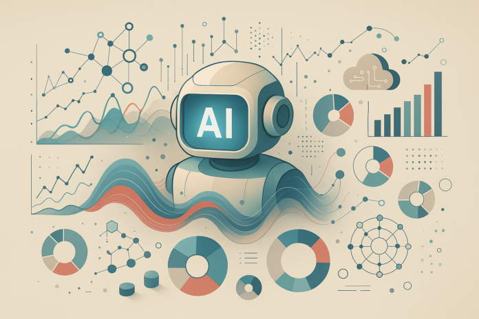 An AI-powered MarTech robot surrounded by graphs, charts, and data visualizations, representing how B2B marketers in 2025 leverage artificial intelligence for advanced data analysis.