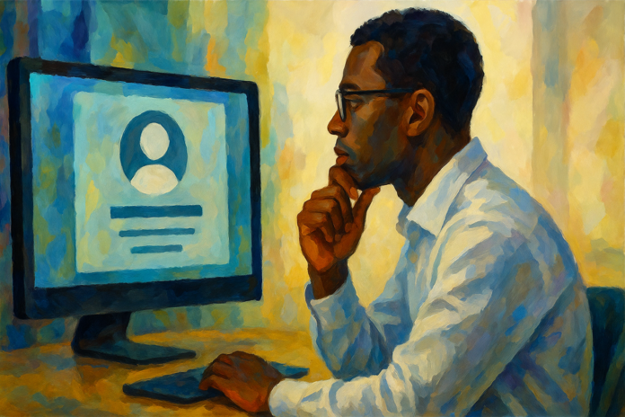A man sits at a desk, looking thoughtfully at a computer monitor displaying leads and a user profile icon in a painted, abstract style.