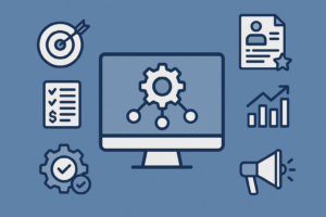 A computer monitor with a gear icon in the center, surrounded by icons for target, checklist, resume, graph, certification, and a megaphone, representing business and productivity concepts in B2B marketing and automation technologies.