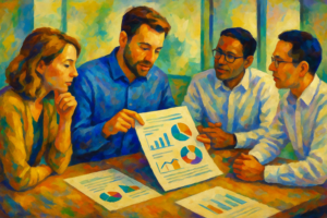 Four people sit around a table discussing printed charts and graphs in a meeting room, analyzing documents on their martech stack with visible pie charts and bar graphs.