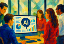 Five people gather around a desk and computer displaying AI-powered Martech stack charts and graphs in a brightly colored office environment.