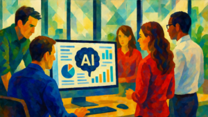 Five people gather around a desk and computer displaying AI-powered Martech stack charts and graphs in a brightly colored office environment.