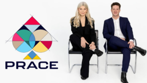 Two people in business attire sit on chairs beside a geometric spade-shaped logo with the word "PRACE" underneath, celebrating a milestone of sustained growth, against a white background.