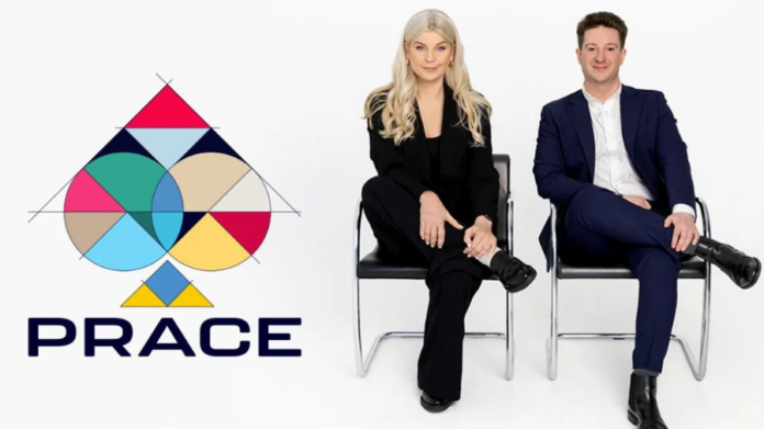 Two people in business attire sit on chairs beside a geometric spade-shaped logo with the word "PRACE" underneath, celebrating a milestone of sustained growth, against a white background.
