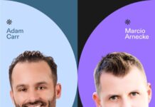 Two men, identified as Adam Carr (CRO) and Marcio Arnecke (CMO), are shown in individual portrait photos with colored backgrounds and their names displayed next to them, highlighting their roles at Apollo.io.
