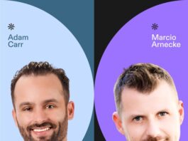 Two men, identified as Adam Carr (CRO) and Marcio Arnecke (CMO), are shown in individual portrait photos with colored backgrounds and their names displayed next to them, highlighting their roles at Apollo.io.