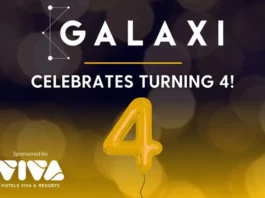 A graphic with the text “GALAXI CELEBRATES TURNING 4!” features a yellow balloon shaped like the number 4 and a sponsorship mention from Viva Hotels & Resorts.