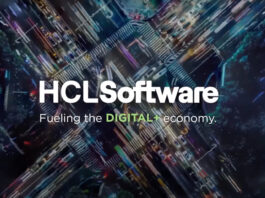Aerial view of a city intersection with the text "HCLSoftware Fueling the DIGITAL+ economy with AI-powered Unica+ marketing automation." overlaid in the center.