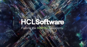 Aerial view of a city intersection with the text "HCLSoftware Fueling the DIGITAL+ economy with AI-powered Unica+ marketing automation." overlaid in the center.