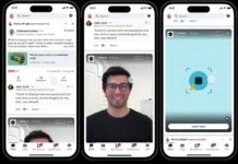 Three smartphone screens display a LinkedIn social media feed with posts, comments, a video call thumbnail, and an advertisement shown in a mobile app interface.