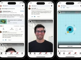 Three smartphone screens display a LinkedIn social media feed with posts, comments, a video call thumbnail, and an advertisement shown in a mobile app interface.