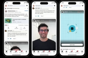 Three smartphone screens display a LinkedIn social media feed with posts, comments, a video call thumbnail, and an advertisement shown in a mobile app interface.