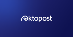 Oktopost logo displayed in white text with a stylized octopus tentacle on a dark blue gradient background, representing Oktopost’s innovative approach to B2B video marketing.
