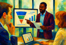 Three business professionals discuss sales data at a table, with one person presenting charts and a full-funnel strategy diagram on a screen.