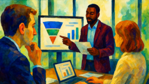 Three business professionals discuss sales data at a table, with one person presenting charts and a full-funnel strategy diagram on a screen.