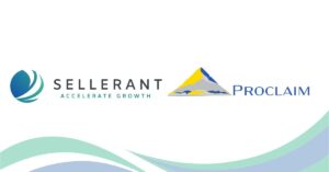 Logos of Sellerant and Proclaim, leaders in B2B growth, displayed side by side on a white background with teal and blue wave graphics at the bottom.