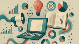 content marketing tools 2025: Illustration of a laptop, open book, pie charts, bar graphs, a megaphone, and a lightbulb representing data analysis, research, communication, and the tools essential for thought leadership and content marketing.